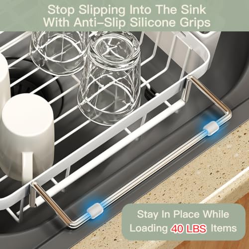 White Expandable Dish Drying Rack Over The Sink with Anti Slip Grip
