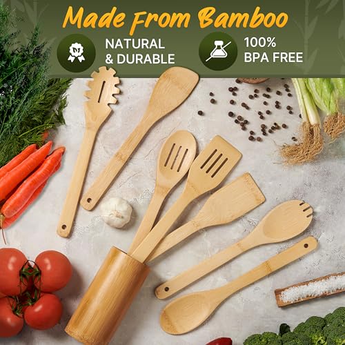 Bamboo Cooking Utensils Set 7 Pcs with Holder (8 Count)