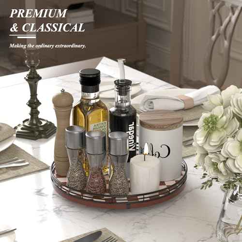 12 Inch Brown Checkerboard Lazy Susan with Black Metal Rail