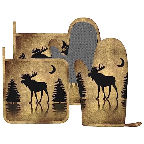 Rustic Elk Moose Deer Forest Pine Tree Moon Design Oven Mitts and Pot Holders Sets Silicone Moose Kitchen Mitts Potholders Heat Resistant 4Pcs Moose Oven Gloves Hot Pads for Kitchen (4 Count)