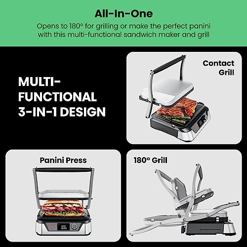 5-in-1 Digital Panini Press Grill Sandwich Maker and Griddle Grill Combo with Removable, Reversible Dishwasher-Safe Grilling Plates, Opens 180° for Indoor BBQ /Flat Top Grill, Stainless steel