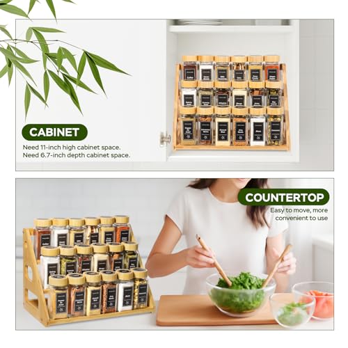 3 Tier Bamboo Spice Rack Organizer with 18 Empty 4 oz Glass Spice Jars