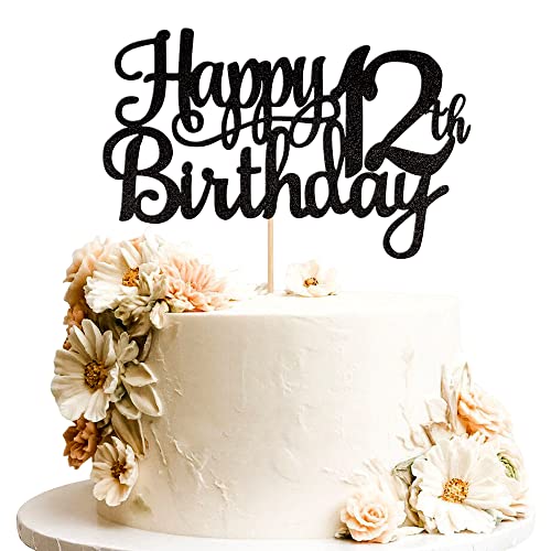 1 PCS Happy 12th Birthday Cake Topper Glitter Cheers to 12 Years Birthday Cake Pick 12 Fabulous Cake Decoration for Happy 13th Birthday Theme Party Decorations Supplies Black