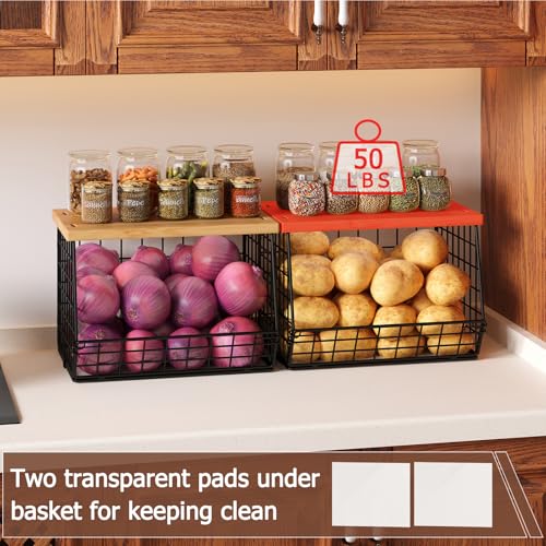 2 Set Stackable Wire Basket with Wooden Tops & Pad for kitchen organizers and storage (2 Count)