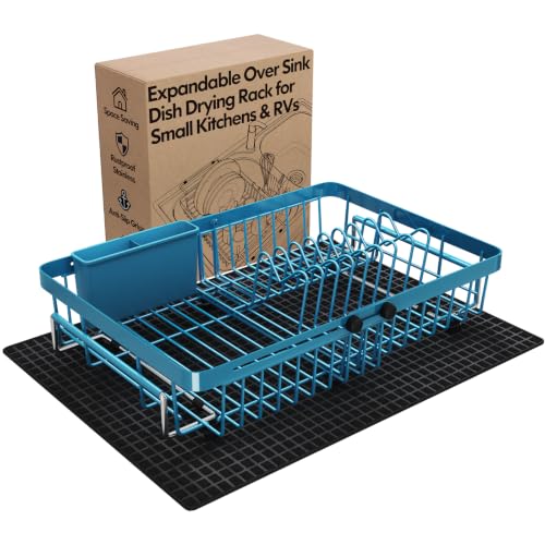Blue Expandable Dish Drying Rack Over Sink with Extra Drying Mat