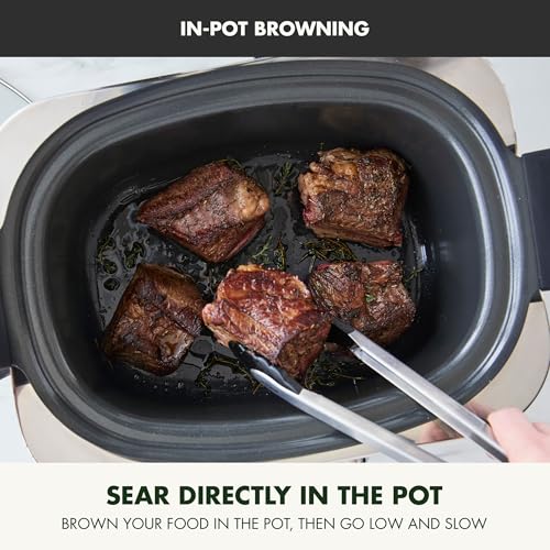 Elite 14-in-1 Nonstick 6QT Electric Slow Cooker, PFAS-Free Ceramic Multi-Cooker, In-Pot Browning, Dishwasher Safe Lid & Removable Crock, Stainless Steel Steamer, Silicone Handles, Black