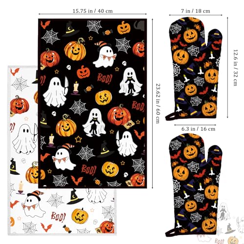 Halloween Pumpkin Kitchen Towels and Oven Mitts Set (4 Count)