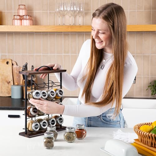 16 Jar Acacia Wood Vertical Spice Rack with Spices Included & 5