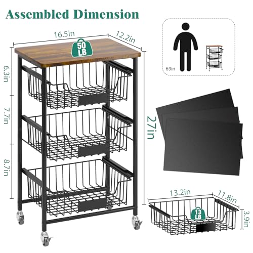 4 Tier Vegetable Fruit Basket Kitchen Storage Rolling Cart on Wheels with Pull