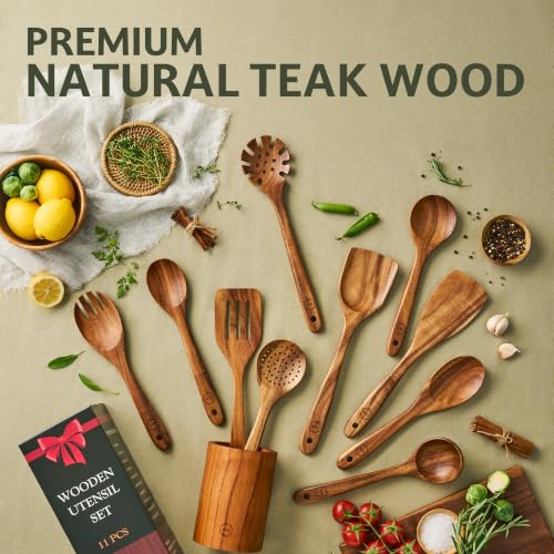 11 Piece Teak Wood Cooking Utensil Set with Holder (11 Count)