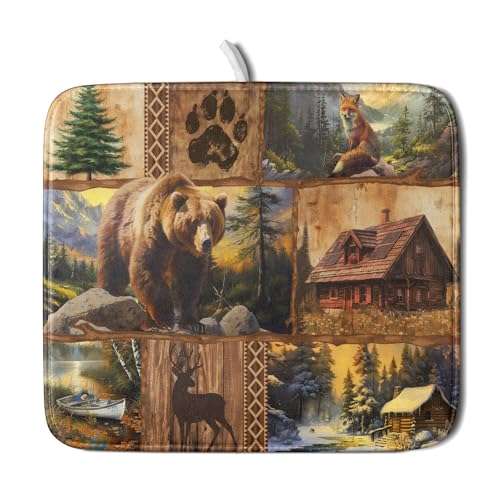Bear Deer Fox Dish Drying Mat Rustic Cabin Lodge Dish Drainer Mats 16x18 Inch Absorbent Washable Dishes Rack Pad for Sink Kitchen Counter