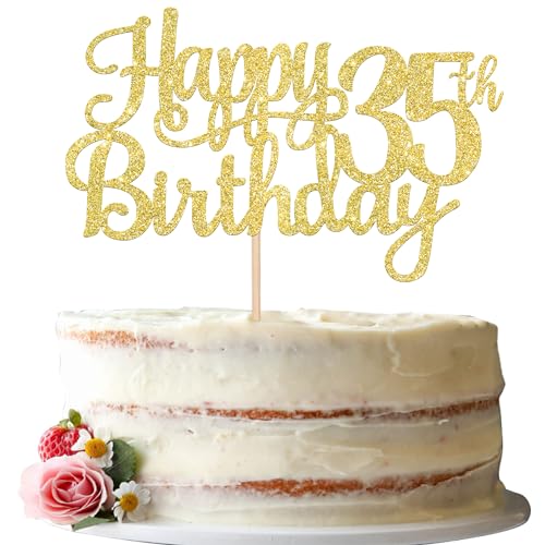 1 PCS Happy 35th Birthday Cake Topper Gold Glitter Cheers to 35 Years Birthday Cake Pick 35 Fabulous Cake Decoration for Happy 35th Birthday Theme Party Decorations Supplies