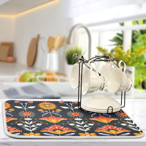 Floral Folk Art Dish Drying Mat for Kitchen Counter Absorbent Microfiber Drying Pad
