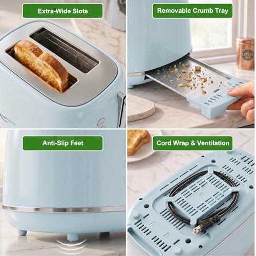 Retro 2 Slice Stainless Steel Toaster with 6 Bread Shade Settings