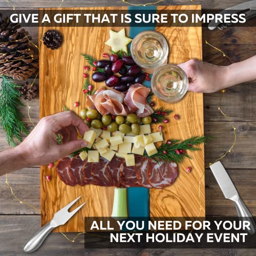 Handcrafted Italian Olive Wood Cheese & Charcuterie Board Set with Unique Blue Resin Artwork