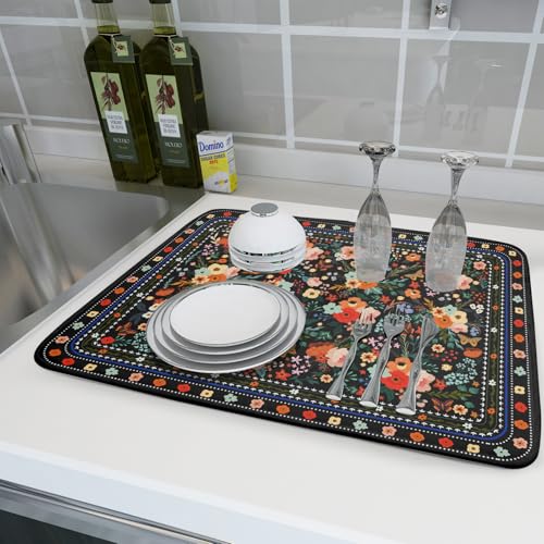 Floral Microfiber Dish Drying Mat Large Absorbent Dish Drainer Rack Pad for Kitchen Counter