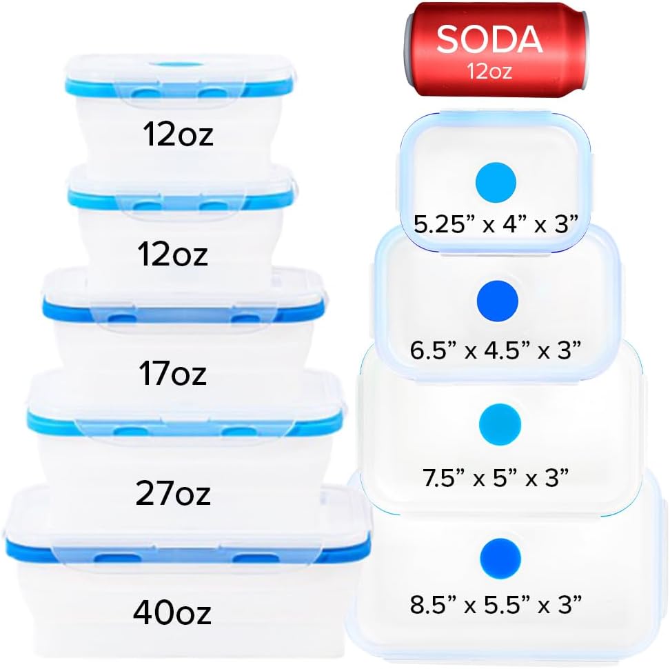 Collapsible Silicone Food Storage Containers, BPA Free, Microwave, Freezer and Dishwasher Safe, Lunch, Meal Prep, Travel, Space-Saving, Set of 5