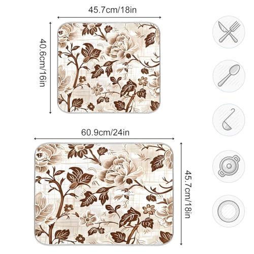 Brown Beige Floral Leaves Dish Drying Mat for Kitchen Counter Absorbent Microfiber Drying Pad