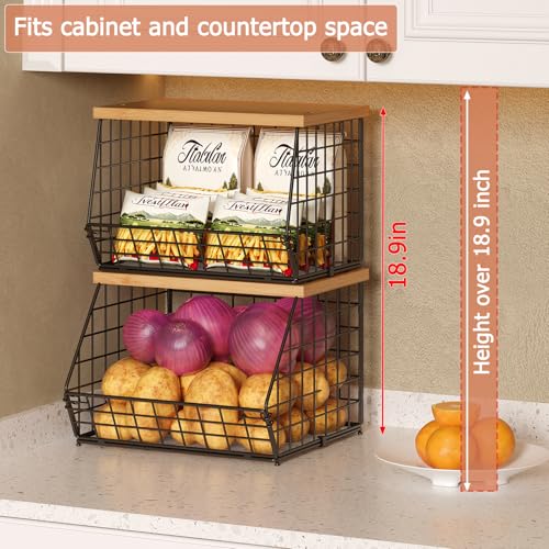 2 Set Stackable Wire Basket with Wooden Tops & Pad for kitchen organizers and storage (2 Count)