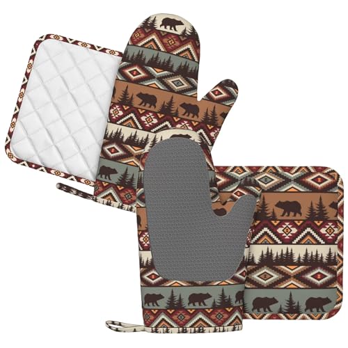 Vintage Rustic Bear Oven Mitts and Pot Holders 4 pcs Set Silicone Bear Mountain Kitchen Oven Mitt Gloves Country Cabin Themed Pot Holders Non