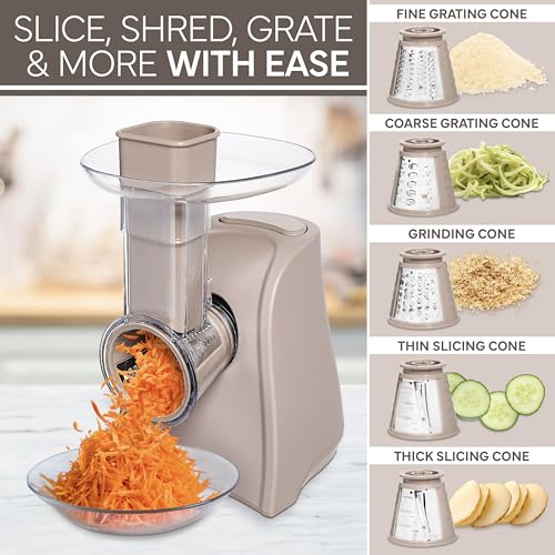 5-in-1 Electric Slicer, 150W Food Prep Machine – Parmesan Shredder, Fine & Coarse Graters, Potato Grater, Vegetable Slicer, Compact Design for Bowl Prep, Warm Grey