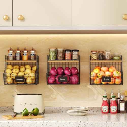 3 Pack wire Fruit Basket for Kitchen with Wood Lid (3 Count)