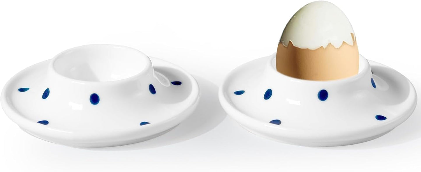 Cinf Ceramic White Egg Holder Set of 2 Porcelain Holder Breakfast Boiled Cooking Easy to Clean Childhood Memories Kitchen（Blue Dot)