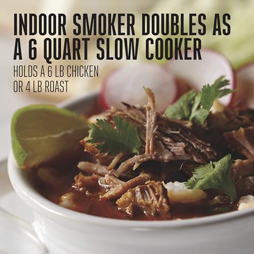 2-in-1 Programmable Slow Cooker & Electric Indoor Smoker, 6 Quart, 3-Tier Smoking Rack for Meat, Cheese and More, Dishwasher Safe Crock, Temperature Probe, Includes 16 oz. Party Dipper, Black