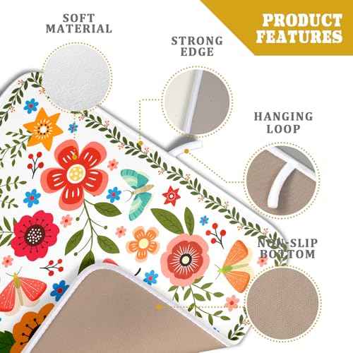 Colorful Boho Floral Dish Drying Mat 16x18 Inch Dishes Dry Pad Drainer Rack Mats Absorbent Hanging Loop Kitchen Counter Bar Accessories