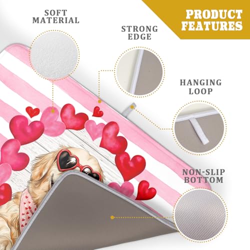 Valentine's Day Dog Dish Drying Mat for Kitchen Counter 18x24 inch Heart Rose Absorbent Dish Drainer Rack Mats for Coffee Bar Countertop