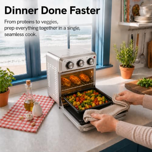 6-in-1 Air Fryer Toaster Oven Combo, Compact 12.7 QT Small Countertop Convection Oven, Fits 9" Pizza & 4 Toast, Hexagon Hybrid Heating, Enamel Baking Pan Included, Stainless Steel Finish