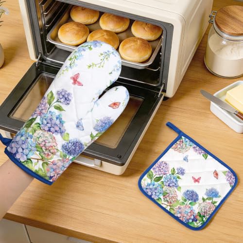 Hydrangea Floral Oven Mitts and Pot Holders Set (4 Count)