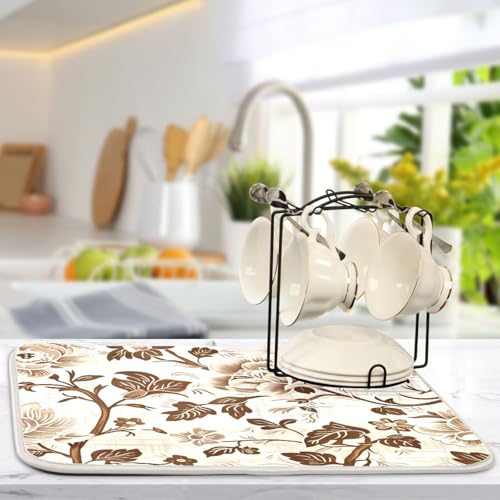Brown Beige Floral Leaves Dish Drying Mat for Kitchen Counter Absorbent Microfiber Drying Pad