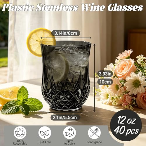40 Pack Plastic Stemless Wine Glasses (40 Count)