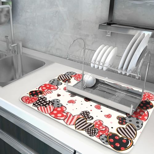 Red Heart Dish Drying Mat 18"x24" Love Dots Microfiber Dish Drainer Rack Mat Holiday Absorbent Fast Dry Pad for Kitchen Counter Home Decor