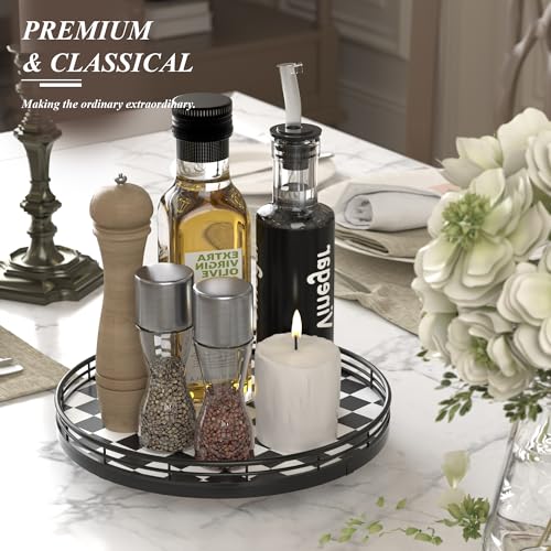 10 Inch Black and White Checkerboard Lazy Susan with Oak Base