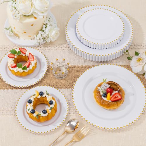 100pcs White Plastic Plates with Gold Beads for Bridal Showers (100 Count)