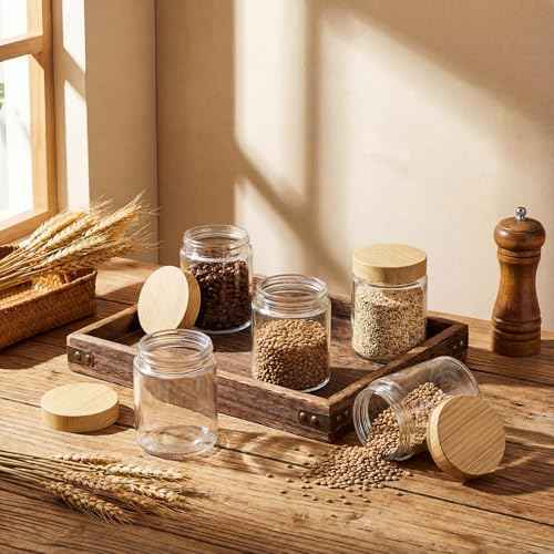 24 Pcs 6oz Glass Jars with Lids Empty Small Glass Containers and Inner Liners Reusable Cosmetic Jars Round Airtight Bottles with Plastic Wood Grain Lids for Travel (24 Count)