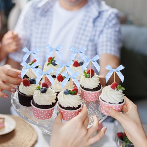 Dusty Blue Bow Cupcake Toppers (40 Count)