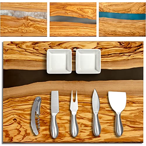 Handcrafted Italian Olive Wood Cheese & Charcuterie Board Set with Unique Black Resin Artwork