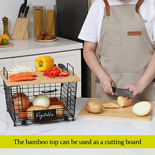 2 Set XXL Stackable Wire Basket with Bamboo Tops & Tag (2 Count)