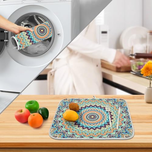 Bohemian Mandala Dish Drying Mat for Kitchen Counter Absorbent Microfiber Small Boho Ethnic Drying Pad Dish Mats for Kitchen Countertops 16 x 18 Inch