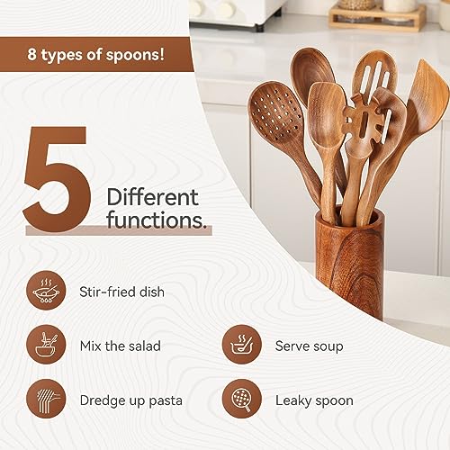 Kitchen 10PCS Teak Wooden Utensils Set With Holder and Spoon Rest (10 Count)