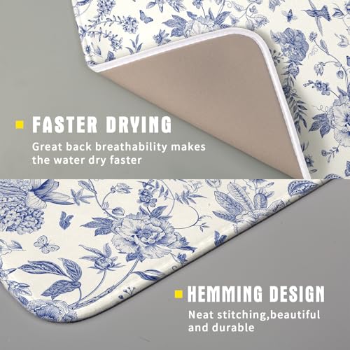 Chinoiserie Flower Dish Drying Mat Blue Leaves Dishes Drying Pad Reusable Washable Kitchen Countertop Protector Dish Drainer Mat 16x18 Inch
