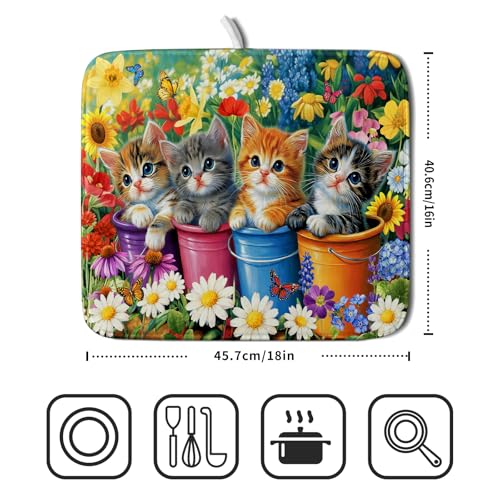 Funny Absorbent Dish Drying Mat Spring Cat Dish Drying Mats for Kitchen Counter Small