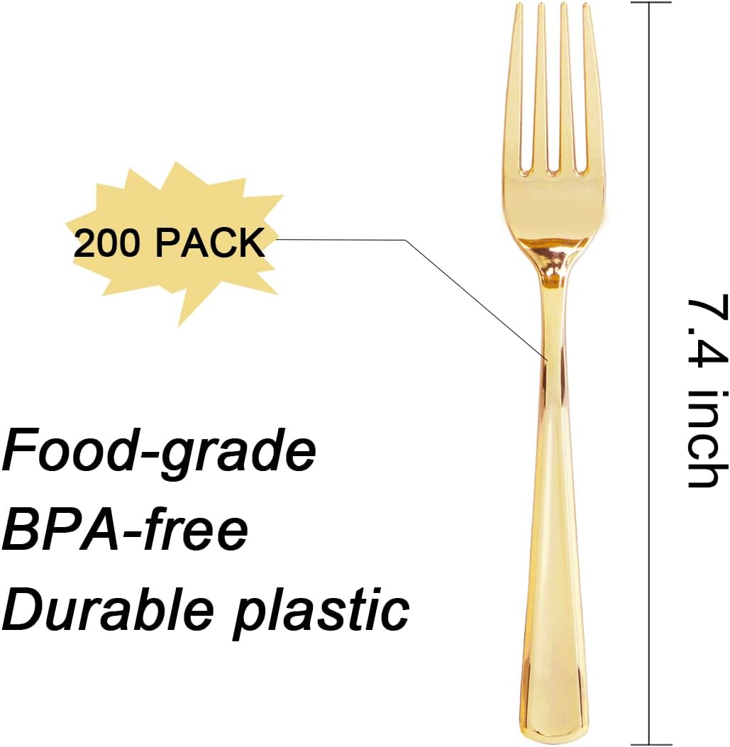 Liacere 200pcs Gold Plastic Forks - Heavyweight - 7.4 Inch Heavy Duty Plastic Forks - Gold Plastic Silverware Perfect For Parties & Weddings & Restaurants & New Year And Daily Using