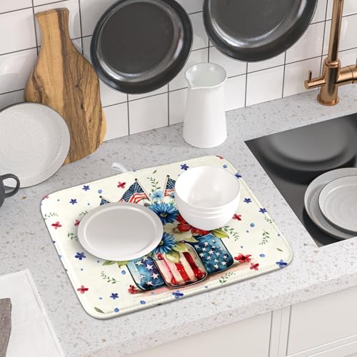 American Patriotic Floral Dish Drying Mat Flower Vase Drainer Rack Mats 16"x18" Absorbent Microfiber Dish Dry Pad for Kitchen Counter Sink
