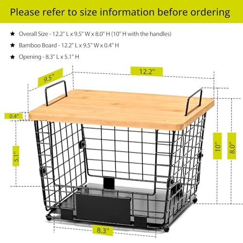 2 Set Large Stackable Wire Basket with Bamboo Tops & Tag (2 Count)