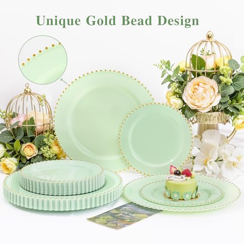 100pcs Green Plastic Plates with Gold Bead Design for Wedding (100 Count)