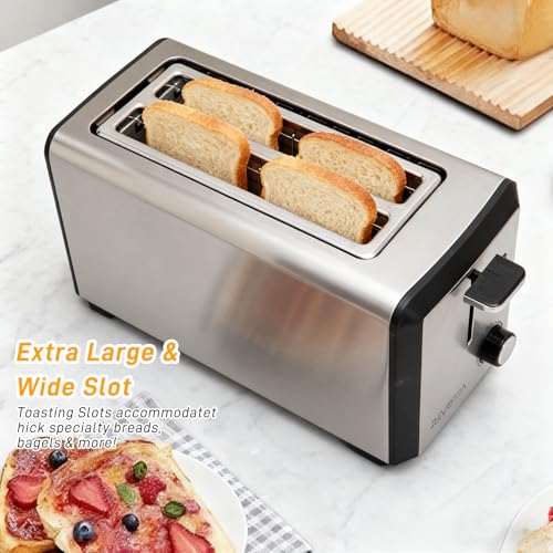 4 Slice Long Slot Stainless Steel Toaster with Extra Wide 1.5” Slots